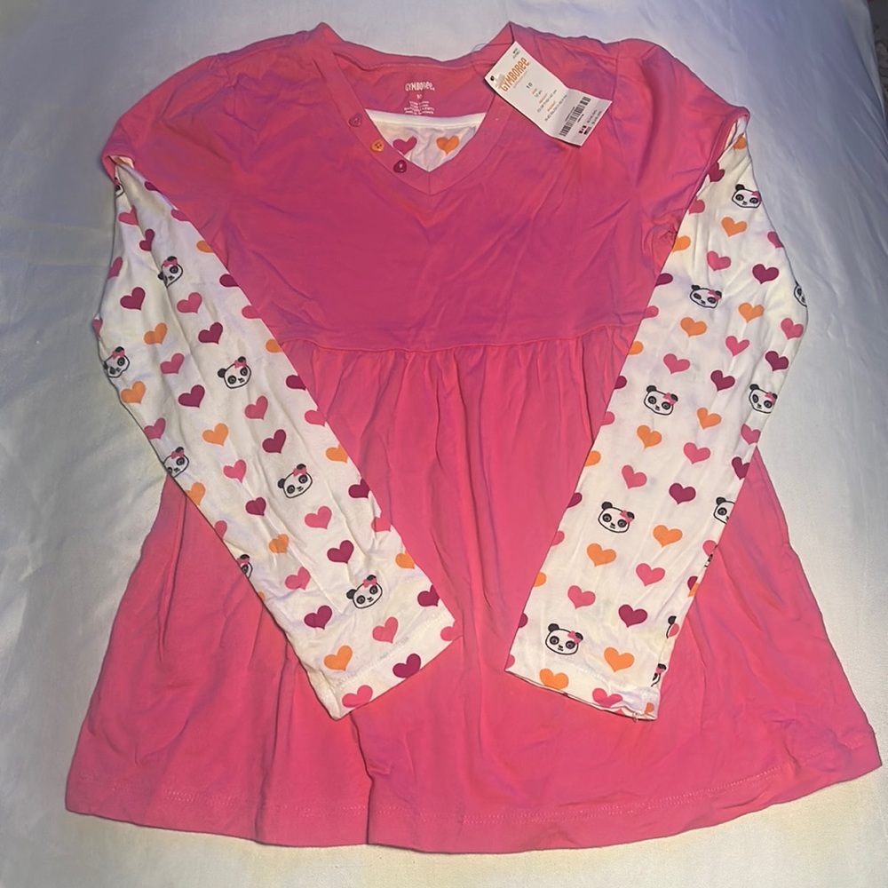 NWT Gymboree pink long sleeve shirt with white sleeves with pandas and hearts.